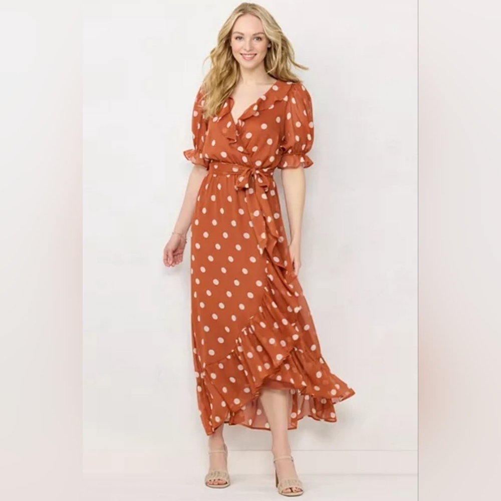 LC Lauren Conrad Polka-Dot Ruffle Faux-Wrap Dress - Size M